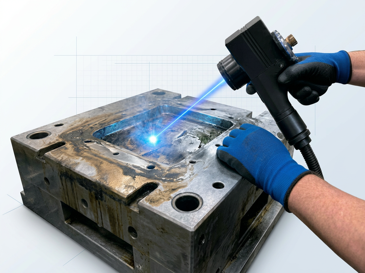 Close-up of ELASER handheld scanner directing electric blue laser beam onto steel surface, with rust and mill scale on left side contrasting against bare clean metal on right where laser removes contamination.