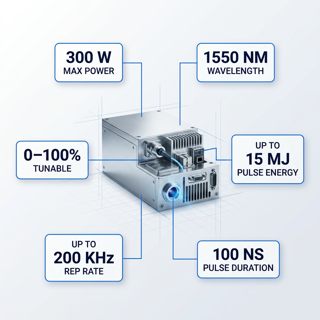 Fibre laser source unit with specification badges: 300W max power, 1550nm wavelength, up to 15mJ pulse energy, 100ns pulse duration, up to 200kHz rep rate, 0–100% tunable.