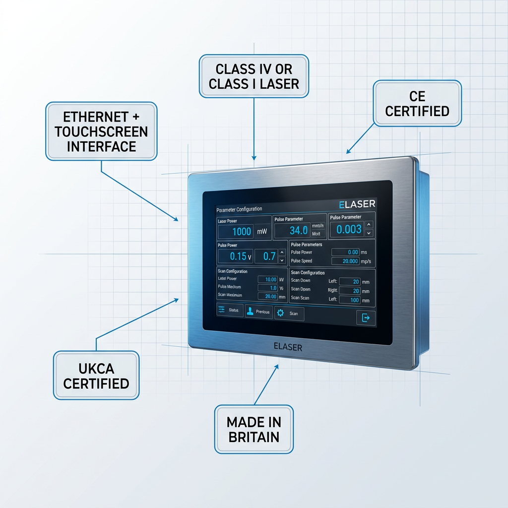 Touchscreen control interface on laser cleaning system displaying parameter configuration with five compliance badges: Ethernet + Touchscreen Interface, Class IV or Class I Laser, CE Certified, UKCA Certified, Made in Britain.
