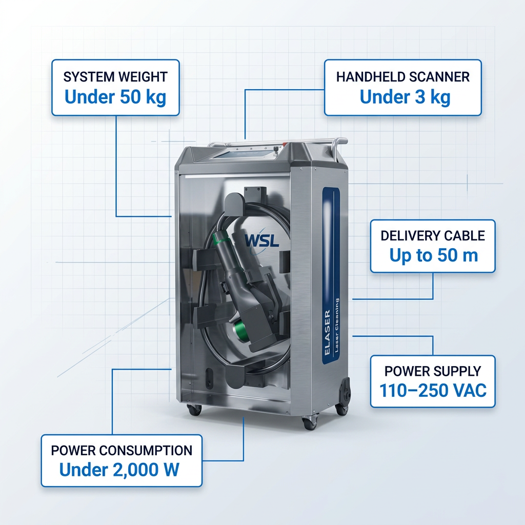 ELASER wheeled laser cleaning system with five specification badges showing system weight under 50 kg, handheld scanner under 3 kg, delivery cable up to 50 m, power supply 110–250 VAC, and power consumption under 2,000 W.