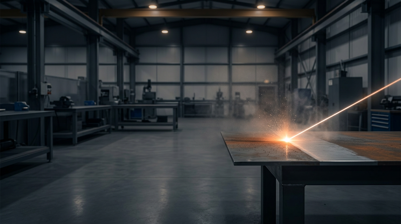 Industrial workshop with laser cleaning beam in active use on steel surface, orange-white laser light creating bright contact point with dispersing ablated particles, clean bare metal contrasting with oxidized surface.