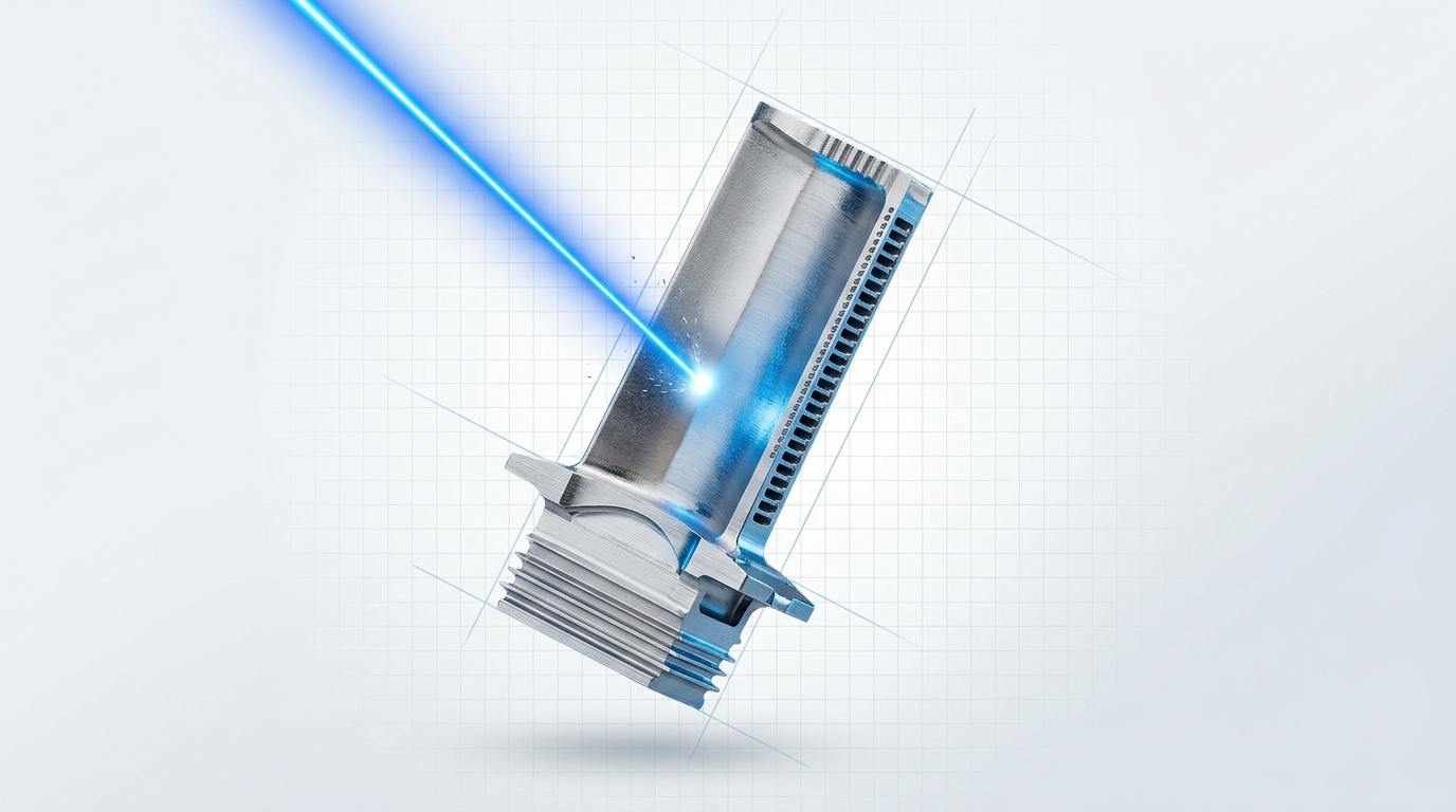 Close-up of a precision aerospace turbine blade with electric blue laser beam actively cleaning its metallic surface, showing particle ablation at the contact point.