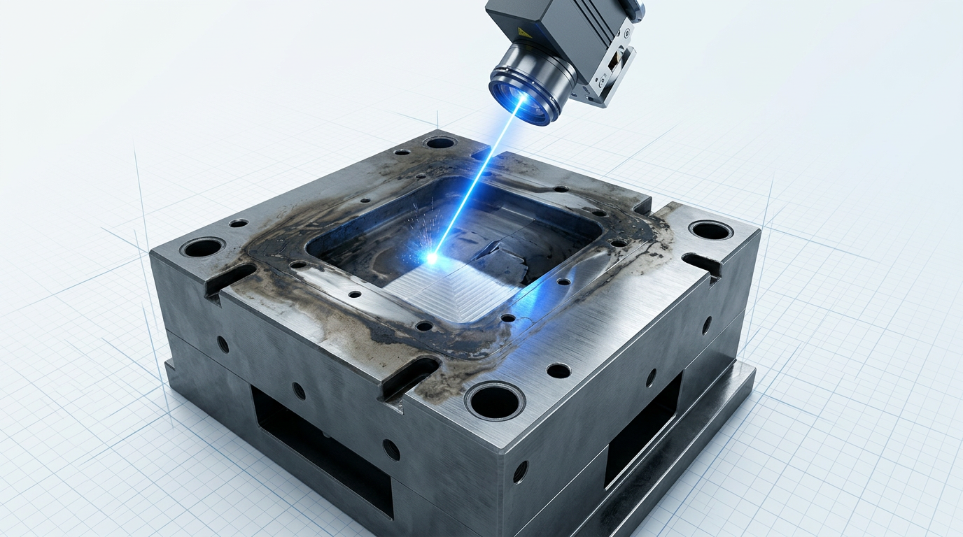 Tyre vulcanisation mould segment with dark residue being cleaned by electric blue laser beam from ELASER scanner head, showing stark contrast between cleaned bright metal and uncleaned dark surface.