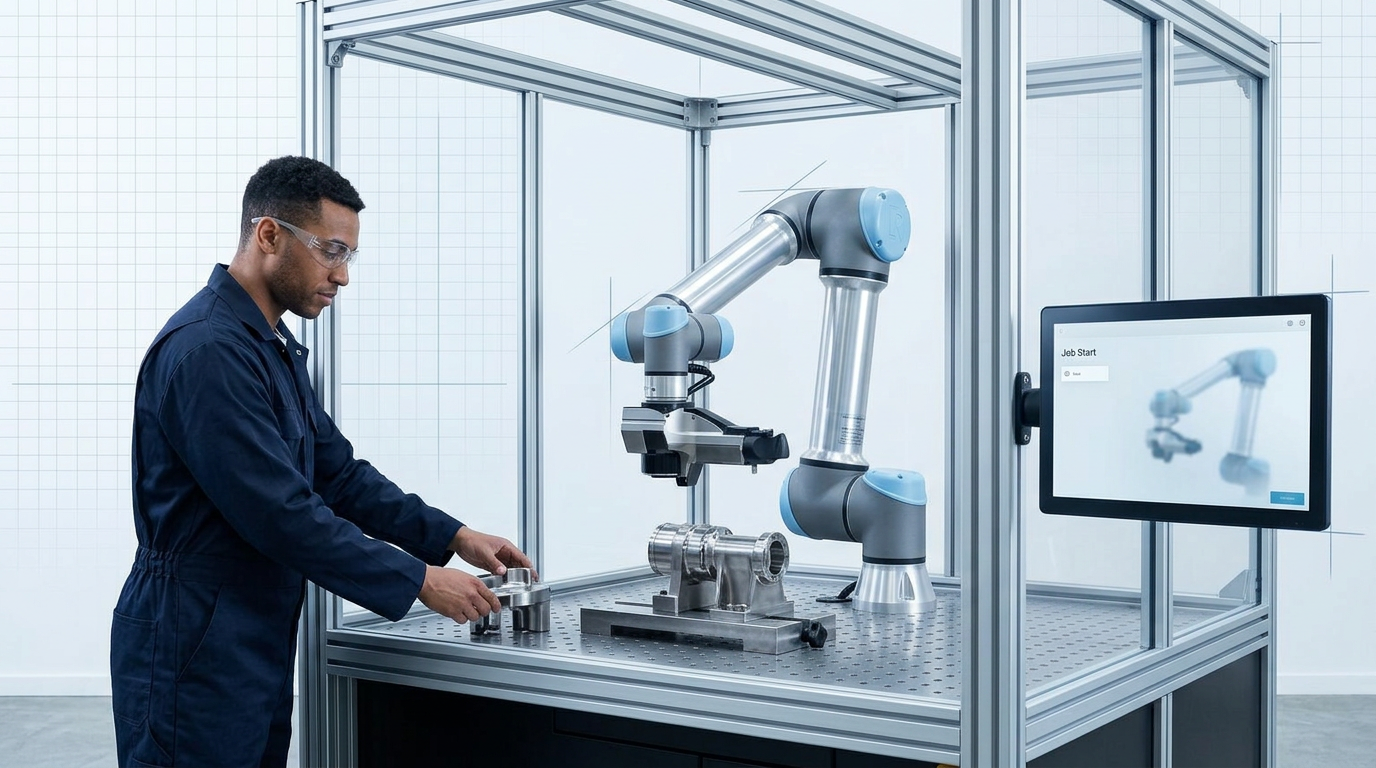 Robotic arm positioned over metal component in bright production cell, with operator in navy coveralls loading part onto work surface and touchscreen interface visible on enclosure wall.