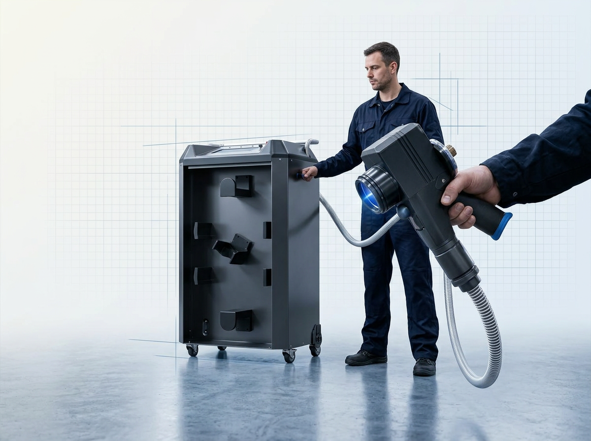 ELASER portable laser cleaning system with wheeled trolley base on left housing internal laser source, handheld scanner held by operator's hand on right, coiled delivery cable connecting both units, bright industrial workshop background.