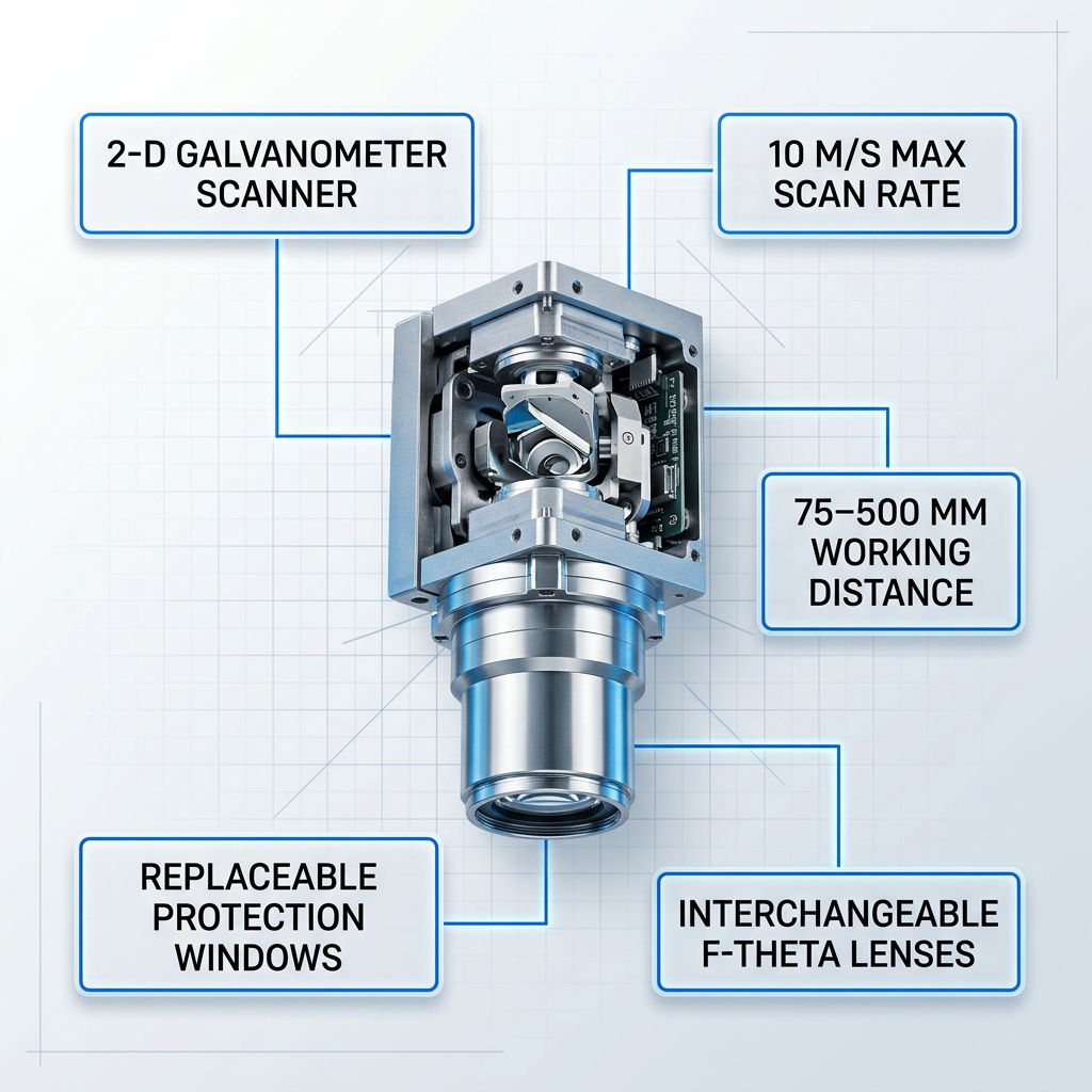 Close-up of laser cleaning head optical assembly with galvanometer scanner and F-Theta lens housing, annotated with five specification badges indicating scanner type, scan rate, working distance, lens interchangeability, and replaceable windows.