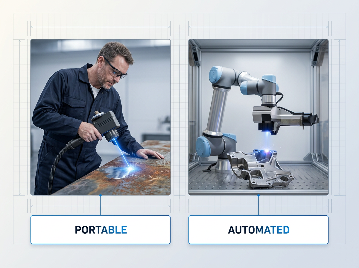 Split-composition industrial laser cleaning: left shows technician operating handheld ELASER scanner on rusted metal surface with electric blue laser ablation; right shows robotic arm with laser head cleaning component in production cell enclosure.