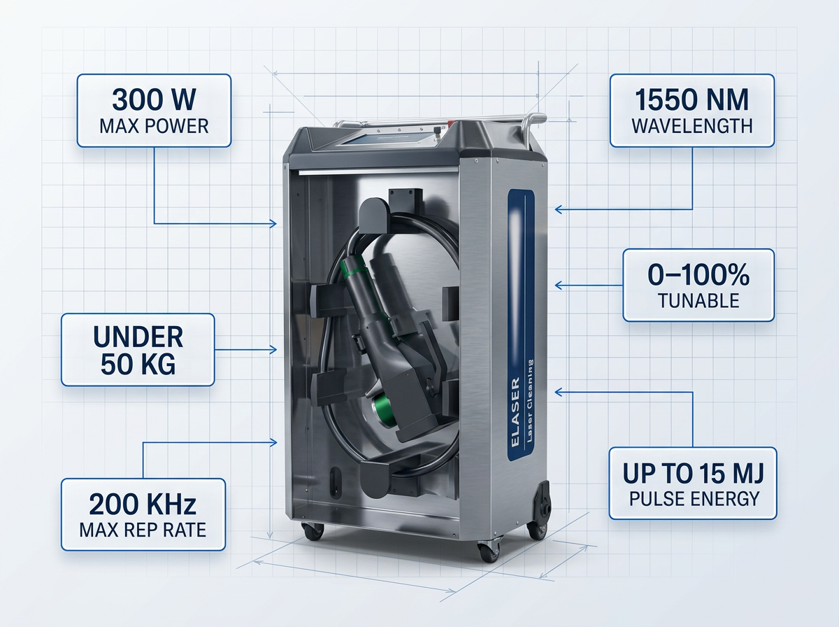 ELASER laser cleaning system with six specification badges: 300 W Max Power, 1550 nm Wavelength, 0–100% Tunable, Up to 15 mJ Pulse Energy, 200 kHz Max Rep Rate, Under 50 kg. Electric blue connector lines link each badge to the central unit.