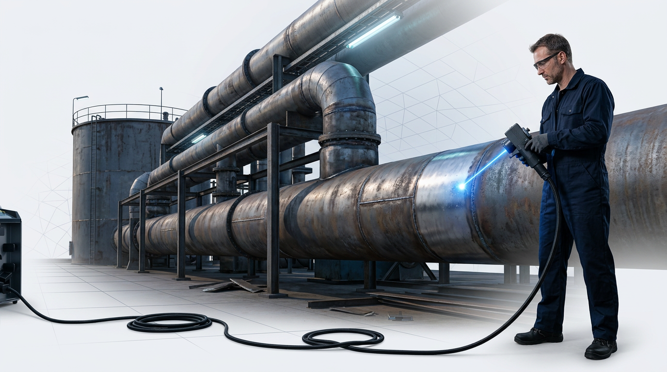 Technician in dark coveralls using ELASER handheld laser scanner on large steel pipeline structure, with extended fiber optic cable visible across industrial floor and electric blue laser contact point cleaning the metal surface.