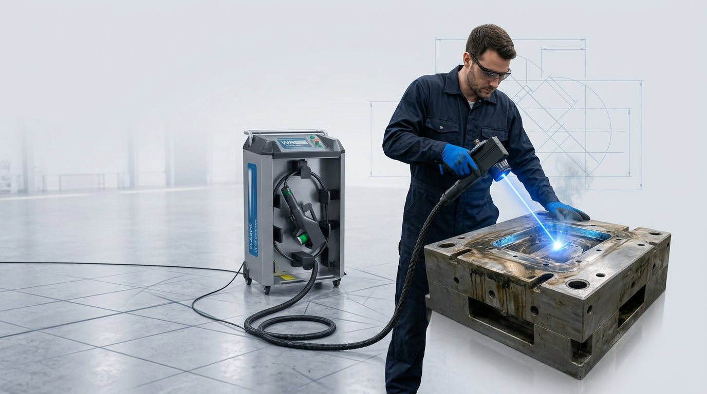 ELASER laser cleaning system in active use on a production floor, with technician in navy coveralls operating the scanner head on an industrial component, fiber cable extended across the workspace, and electric blue laser beam visible at the contact point.