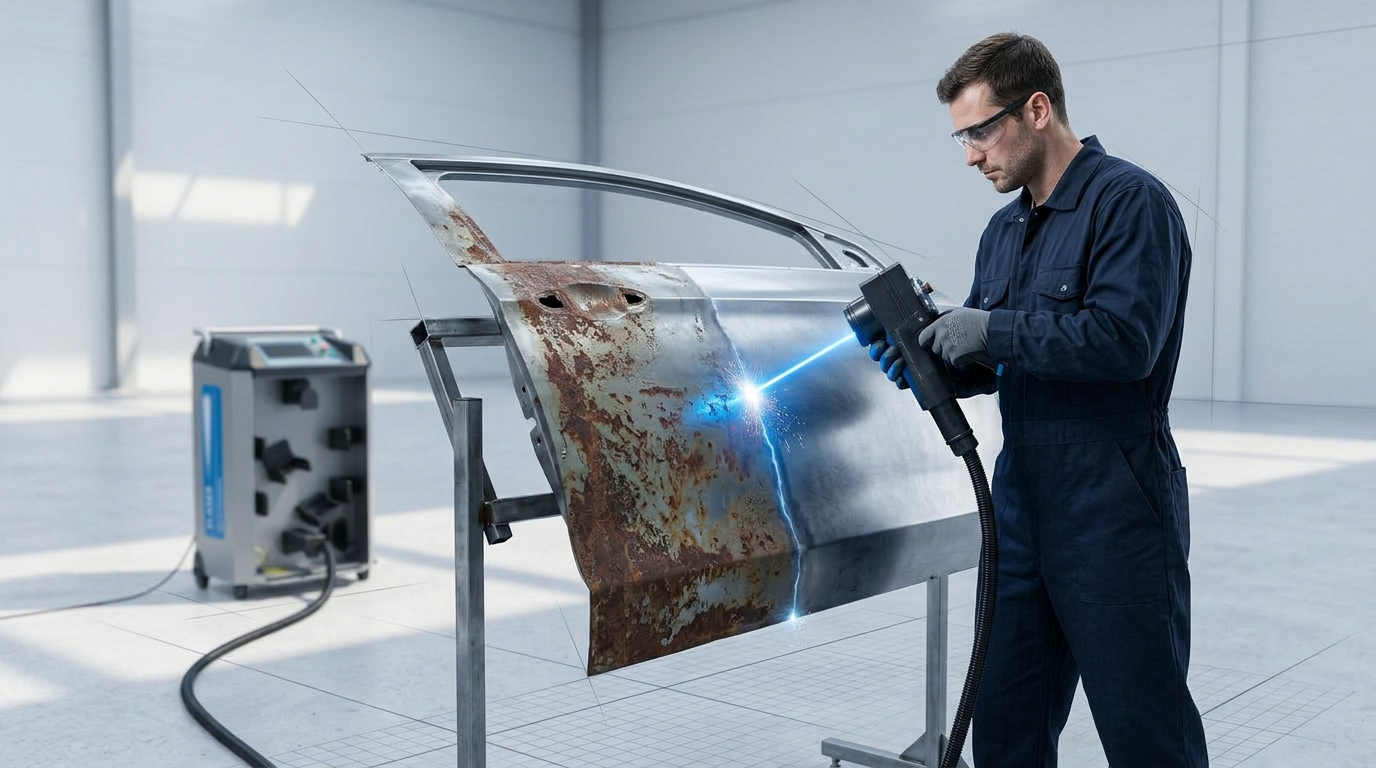 Technician in navy coveralls operating ELASER handheld scanner on automotive body panel, with electric blue laser beam removing rust and paint for pre-weld preparation in industrial bodyshop.