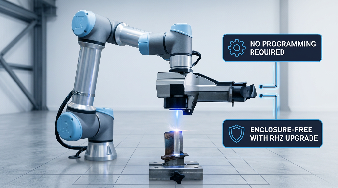 Industrial robotic articulated arm with laser cleaning head positioned over a complex metal part, showing electric blue laser contact point and surface ablation effect on the workpiece.