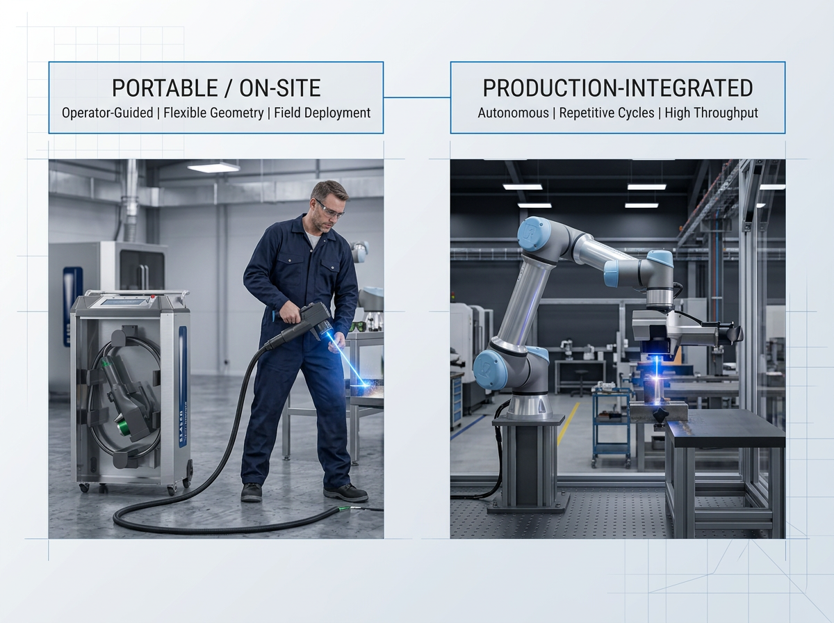 Side-by-side comparison of two laser cleaning systems: ELASER portable unit with operator and extended cable in open workshop (left); AutoLASE robotic arm in production cell with autonomous cleaning (right). Electric blue laser glow visible on both contact points.