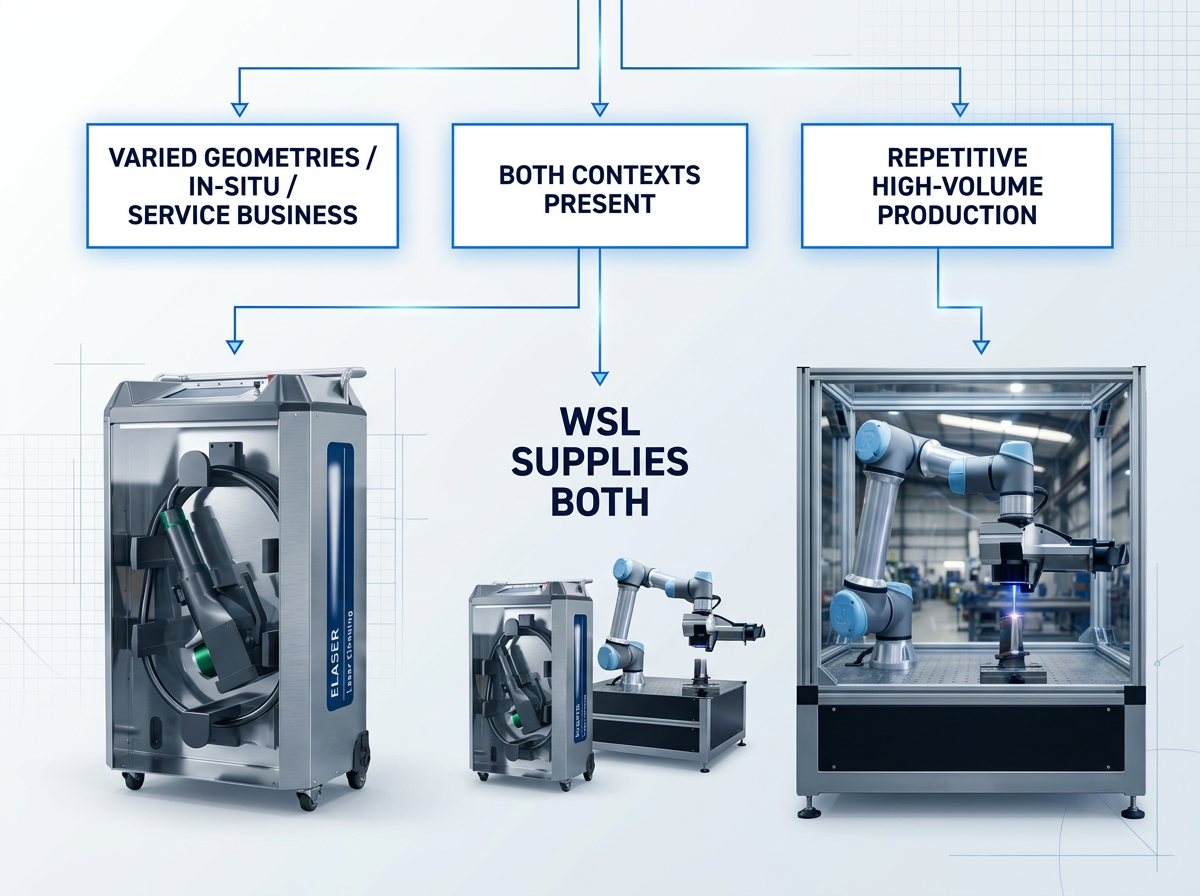 Decision framework diagram with three branching pathways: left path shows ELASER portable machine for varied geometries and service work; center path indicates WSL supplies both systems; right path shows AutoLASE robotic system for high-volume production. Containers at top label each scenario with connector lines routing to corresponding machines below.