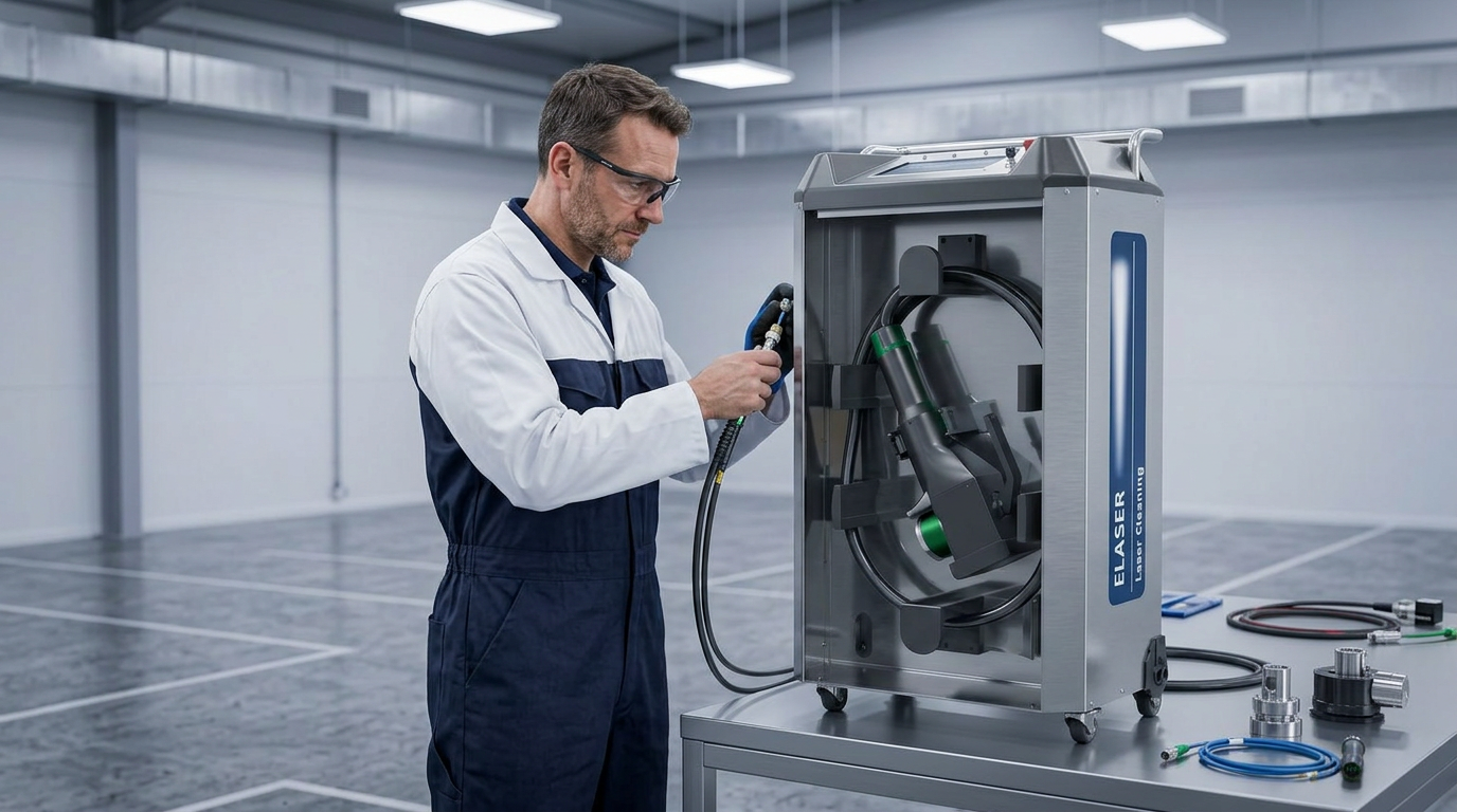 Skilled engineer in navy coveralls and lab coat working hands-on with ELASER laser cleaning equipment at a workbench in a bright, clean UK industrial workshop facility.