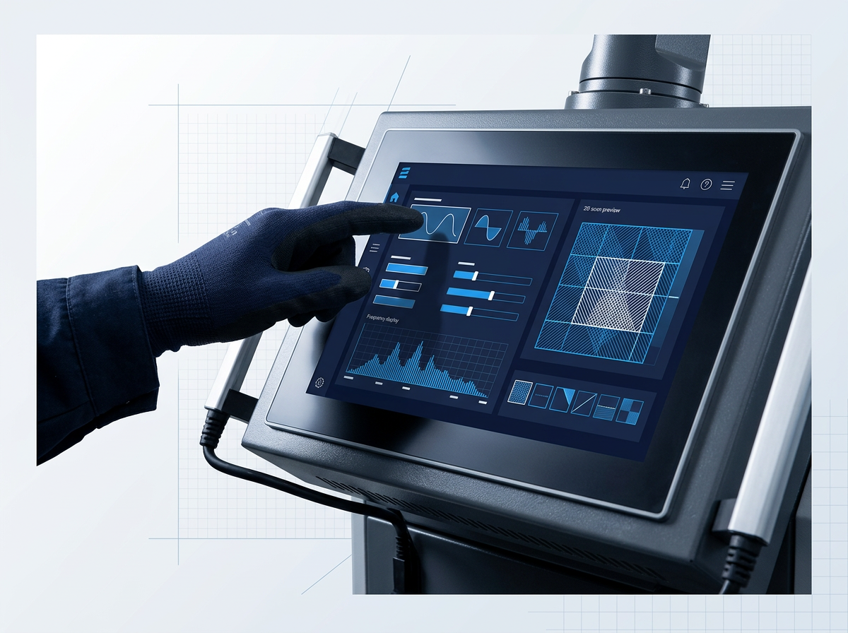 Operator's hand interacting with ELASER touchscreen control interface displaying parameter setup screen with power, pulse, and scan pattern controls on dark navy background with electric blue accent elements.
