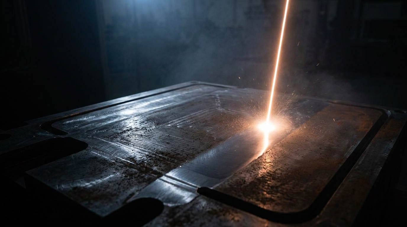 Dark industrial warehouse with active laser cleaning beam striking a metal surface, bright orange-white light against deep shadows and oxidized steel.