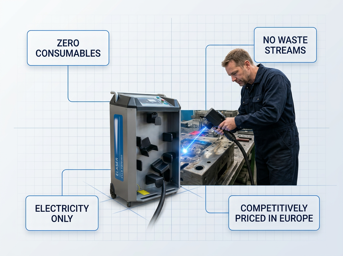 ELASER laser cleaning system in active use with operator in navy coveralls directing electric blue laser beam onto industrial component, fiber cable extended, four data callout badges highlighting zero consumables, no waste streams, electricity only, and competitive European pricing.