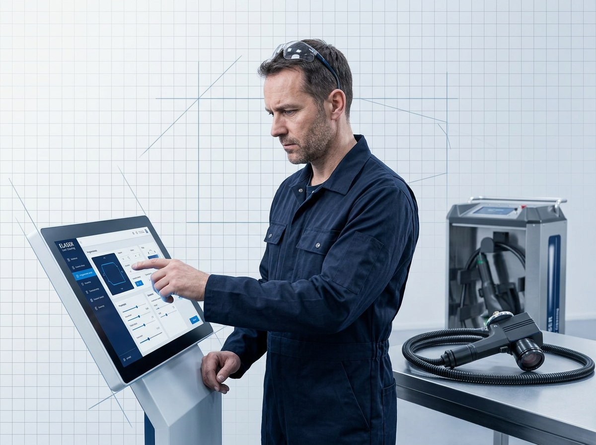 Operator in dark coveralls with focused expression touching a bright graphical touchscreen interface, setting scan parameters, with ELASER handheld laser scanner visible on work surface nearby.