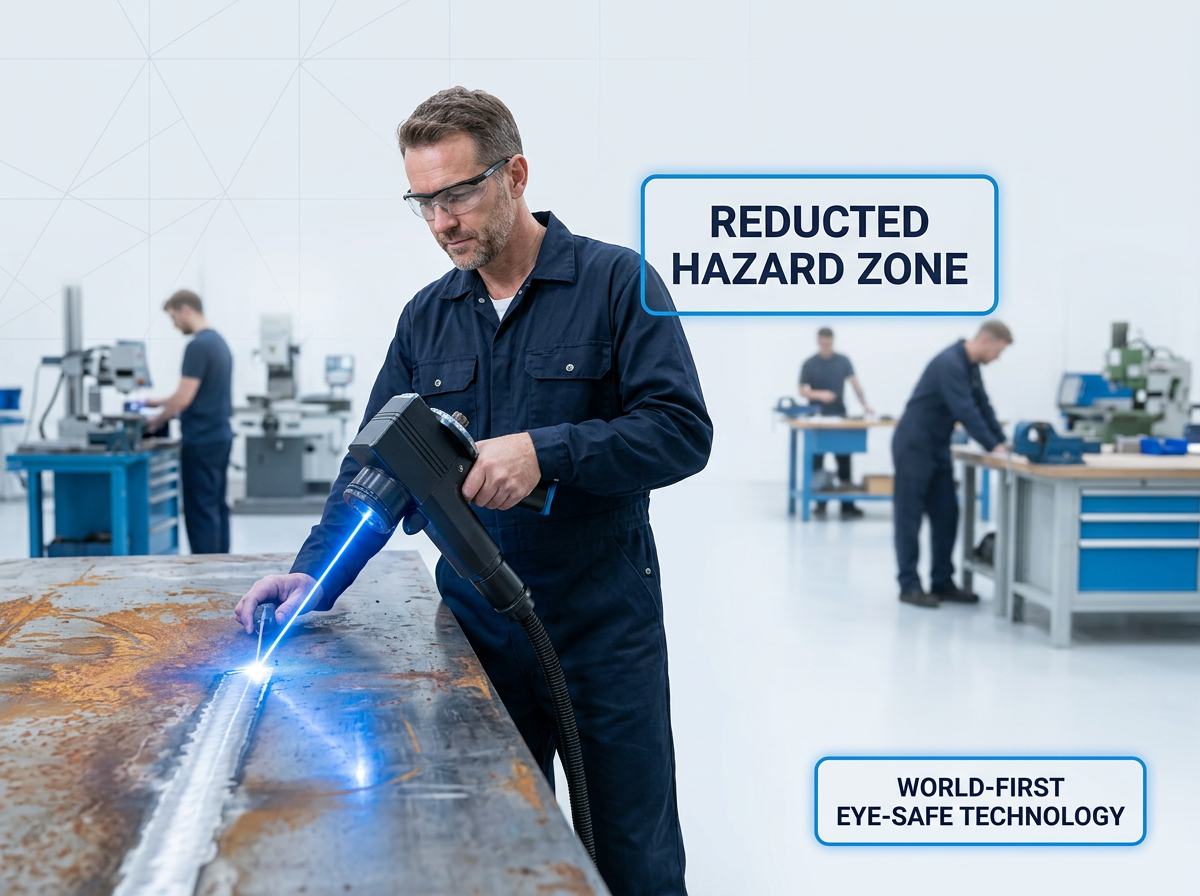 Operator in navy coveralls using ELASER-RHZ handheld scanner on metal surface with visible laser ablation, colleagues working normally in bright workshop background. Badges overlay: 'Reduced Hazard Zone' and 'World-First Eye-Safe Technology'.