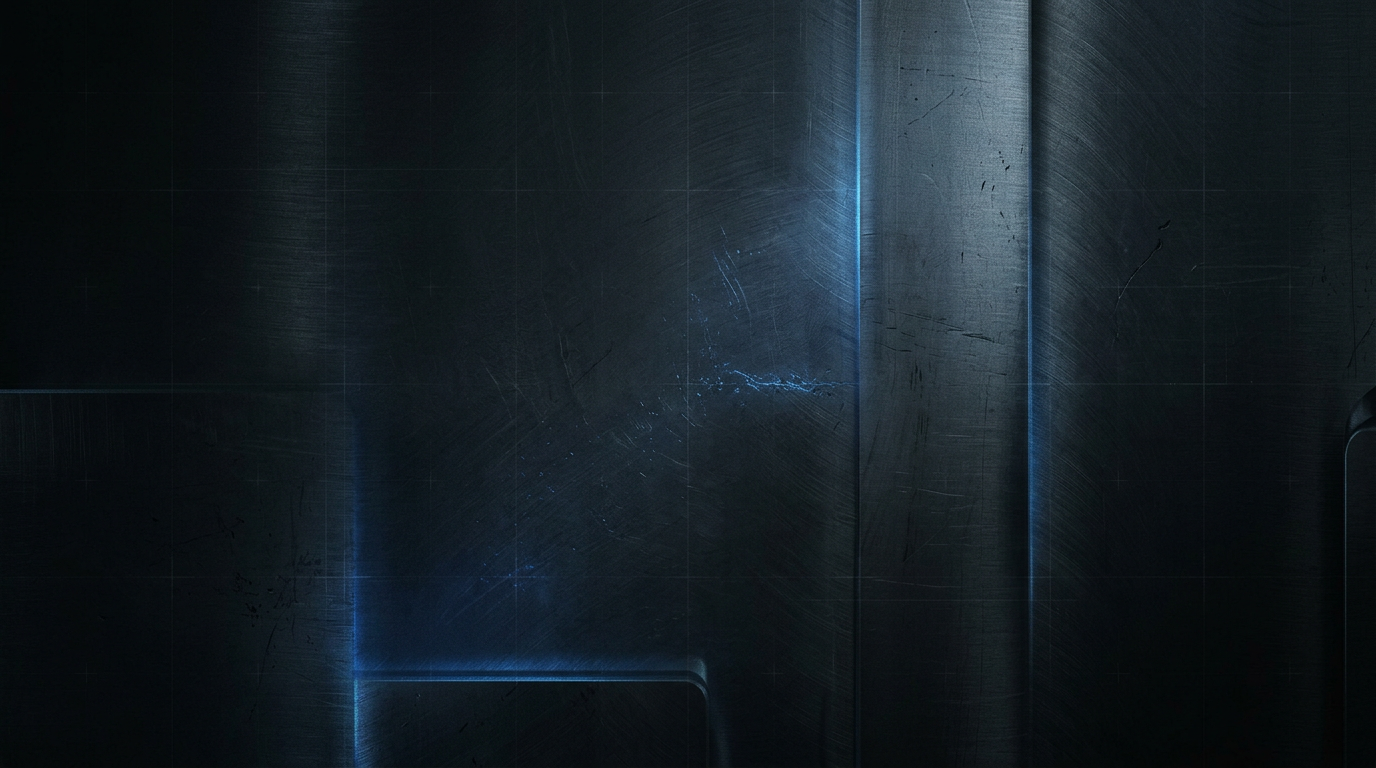 Dark steel surface with subtle electric blue glow and machining marks, suggesting industrial laser technology in a precision manufacturing environment.