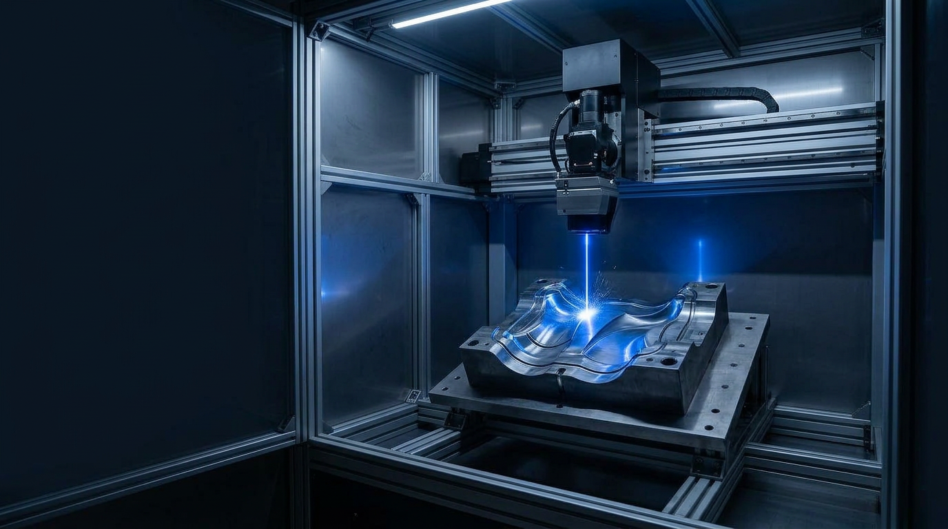 Dark industrial laser cleaning enclosure interior with contoured mould surface illuminated by bright electric blue laser beam tracing across its geometry.