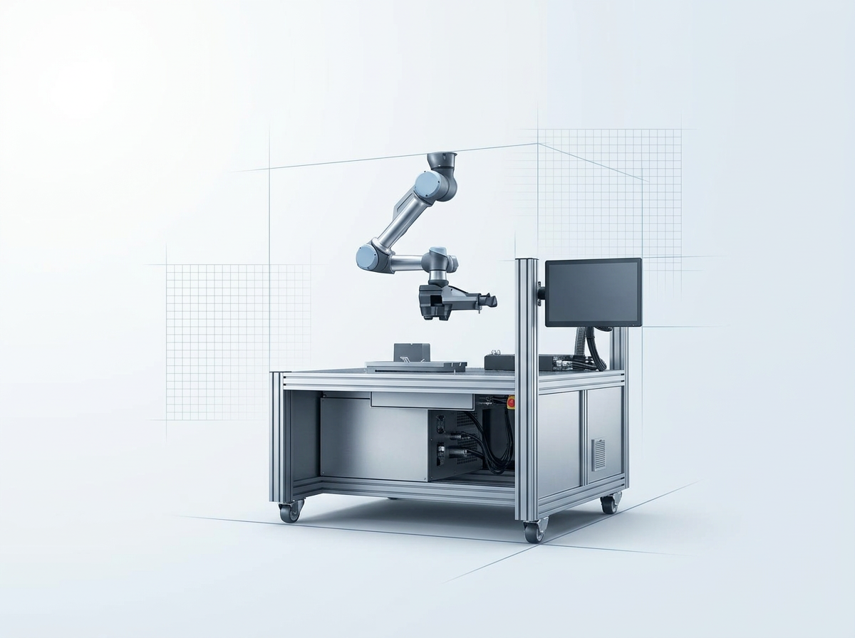 Complete AutoLASE laser cleaning system on wheeled mobile base, showing compact enclosure, articulated robotic arm with scanner head, touchscreen control panel, and lockable wheels.