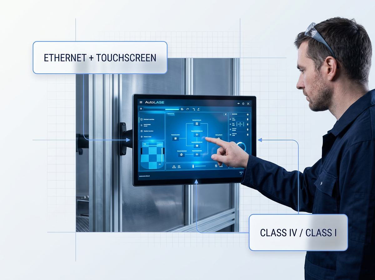 Operator's hand interacting with AutoLASE touchscreen control interface on machine enclosure, with labeled containers indicating Ethernet + Touchscreen connectivity and Class IV/Class I laser classification