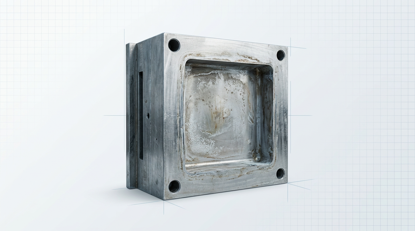 Heavy-duty die-cast mould block with steel grey surface showing release agent residue and scale buildup on the cavity face, lit with cool directional lighting emphasizing industrial texture and contamination.