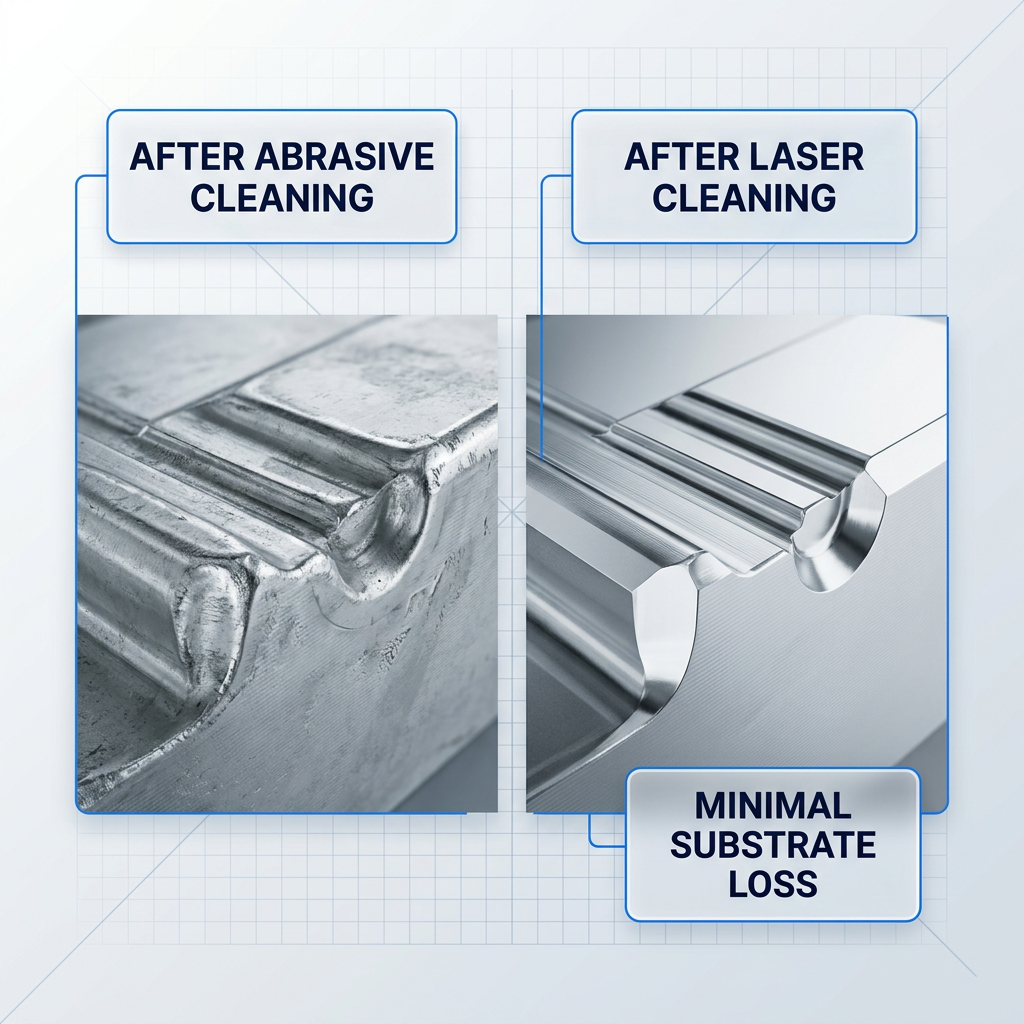 Side-by-side comparison of mould surfaces: left panel shows worn, rounded detail with eroded edges after abrasive cleaning; right panel shows crisp, sharp detail fully preserved after laser cleaning with minimal substrate loss.