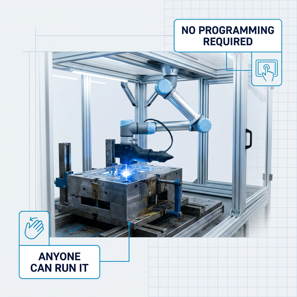 AutoLASE laser cleaning machine operating inside its enclosure with robotic arm actively cleaning a mould component using electric blue laser beam, no operator present.