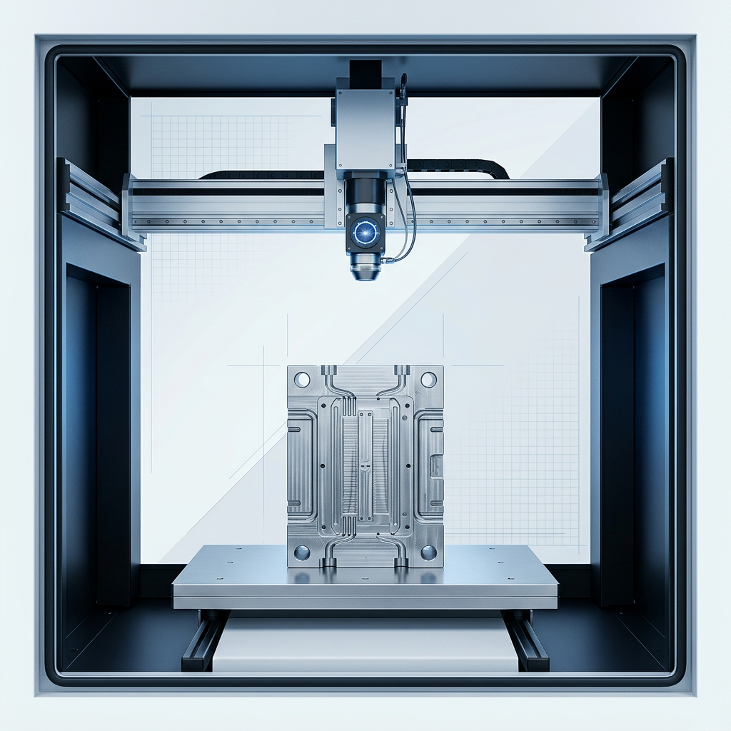 Interior of a laser cleaning enclosure with a precision injection mould component centered on a steel platform and a laser head mounted on a robotic arm positioned above it, ready for operation.