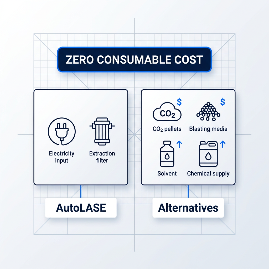 Split-panel cost comparison showing AutoLASE with power plug and filter icons on left, traditional alternatives with CO2 pellets, blasting media, solvents, and chemicals on right. Zero consumable cost badge overlaid above panels.