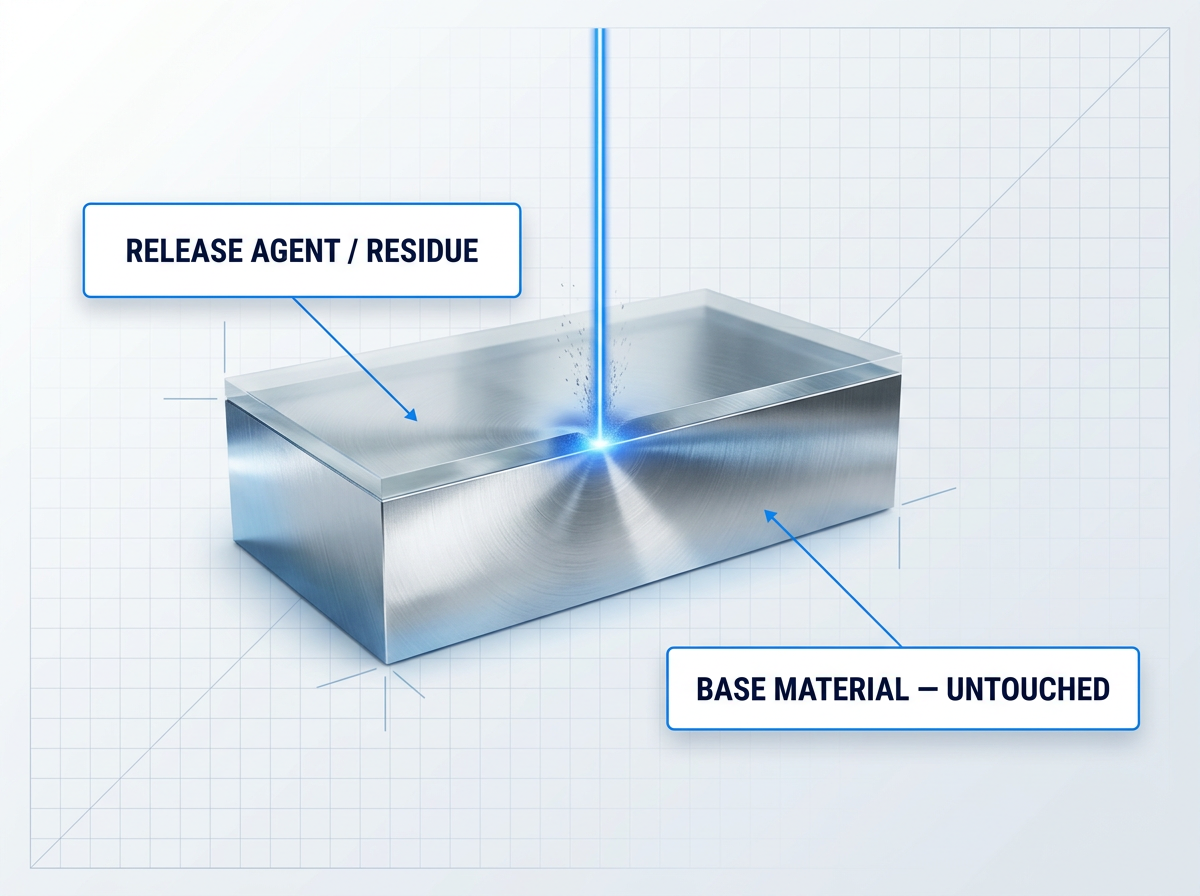 Cross-section diagram of polished tool-steel mould showing contaminant layer above intact substrate, with electric blue laser beam vaporising only the release agent residue while stopping precisely at the steel surface.