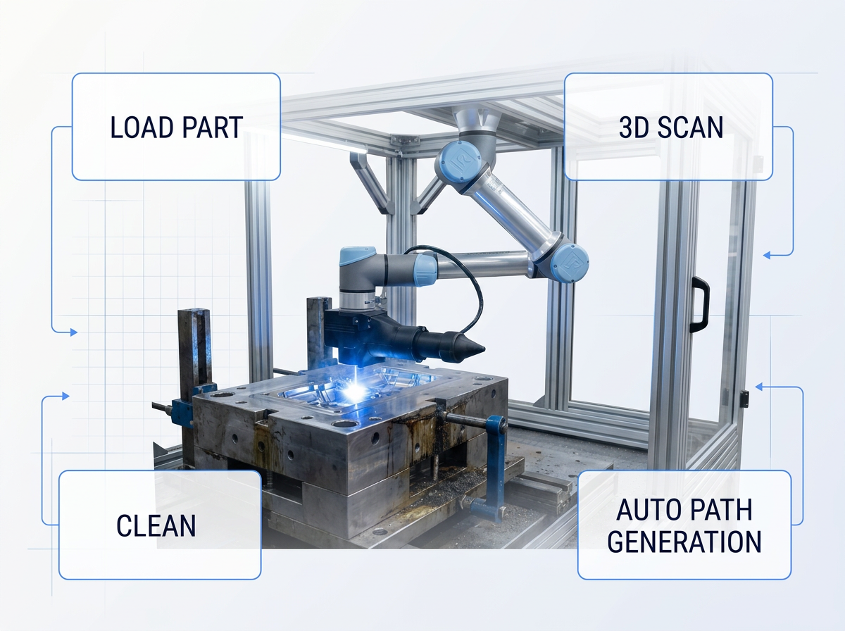 AutoLASE robotic laser cleaning machine actively cleaning industrial injection mould with electric blue laser beam at contact point, showing load-part, 3D-scan, auto-path-generation, and clean process stages labeled clockwise.