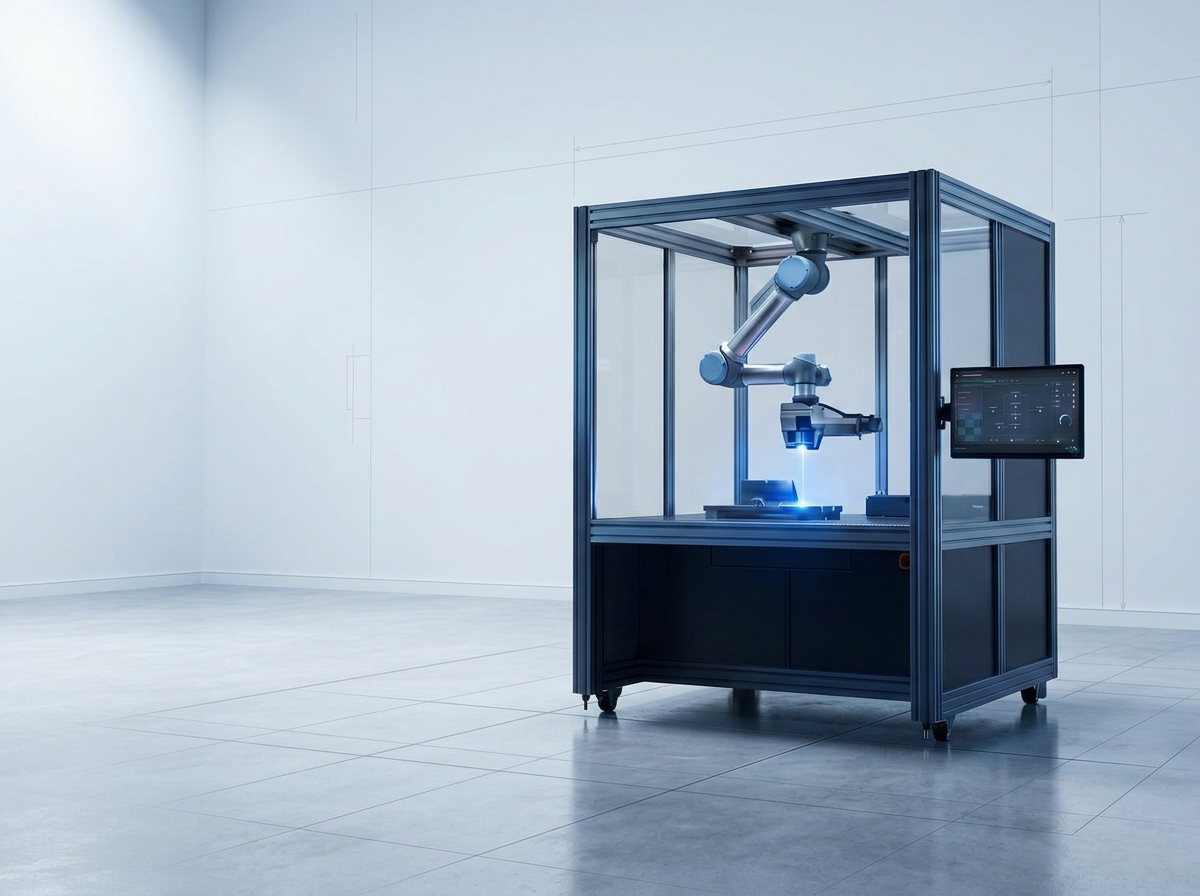 AutoLASE laser cleaning machine positioned in a bright industrial workshop with polished concrete floor, articulated robotic arm mid-articulation, enclosed laser scanning head with blue accent lighting, and control panel on the right side.