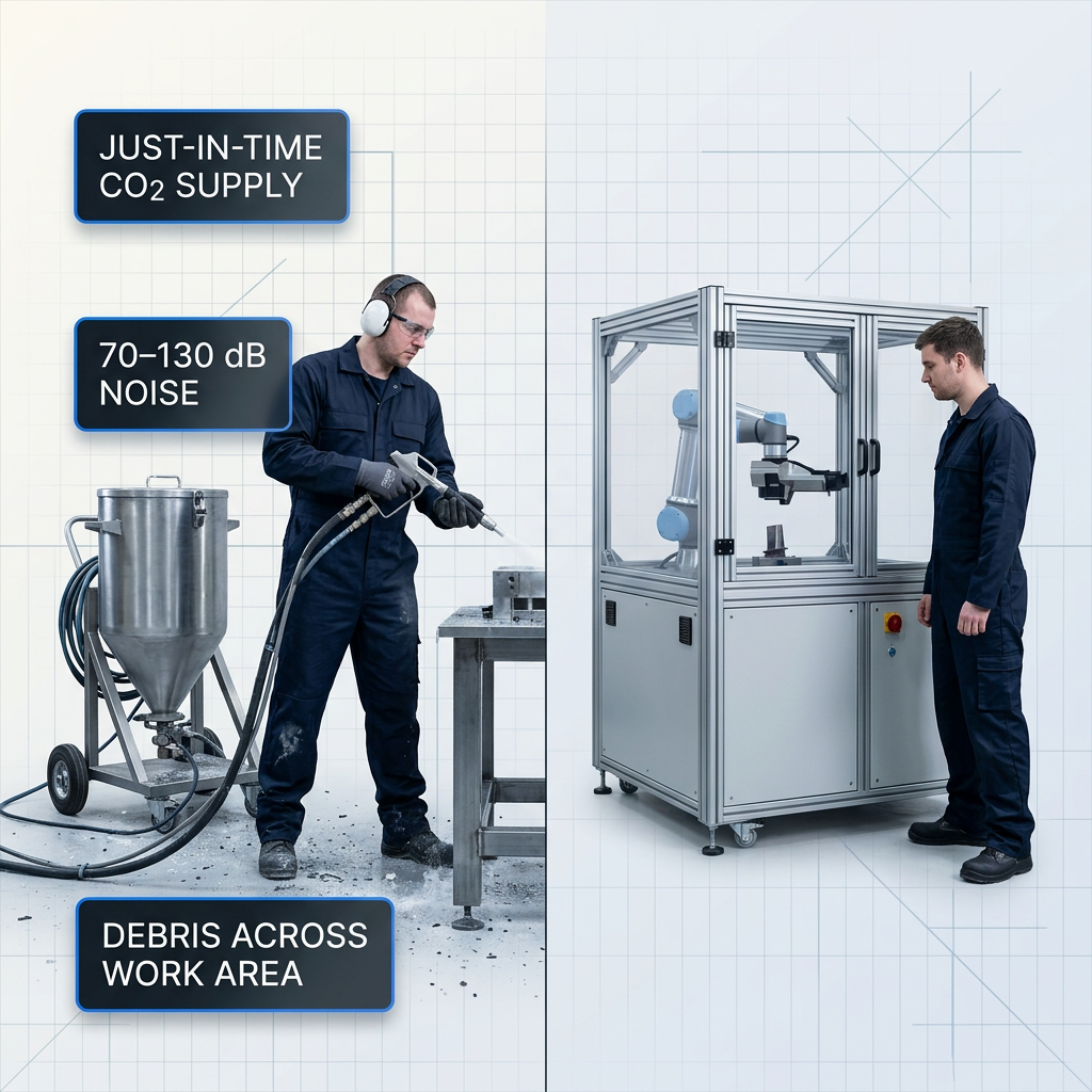 Split-screen comparison: left side shows dry ice blasting setup with CO2 hopper, air lines, operator in full PPE with ear defenders, and debris scattered on floor; right side shows compact laser cleaning station with no supply lines, no debris, and technician in standard workwear. Three labeled containers on left identify operational characteristics.