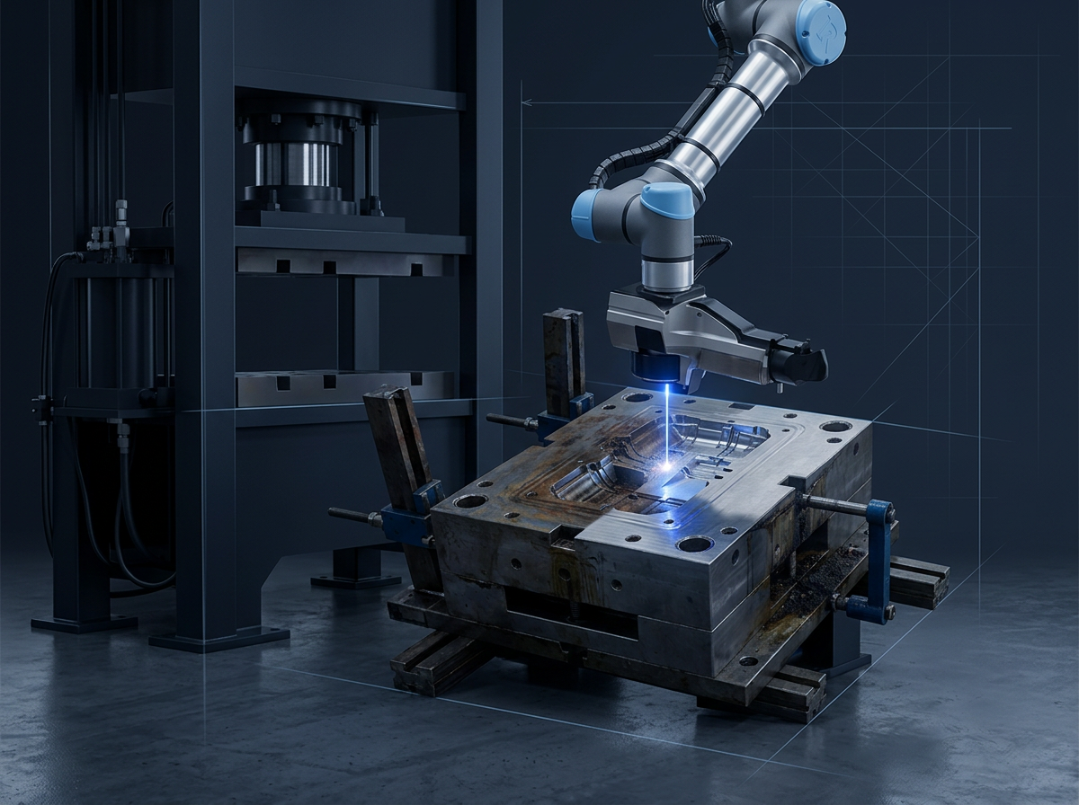 AutoLASE robotic arm positioned over injection mould cavity mounted in industrial press, with electric blue laser ablating contamination from mould surface while press clamps hold mould in operational position.