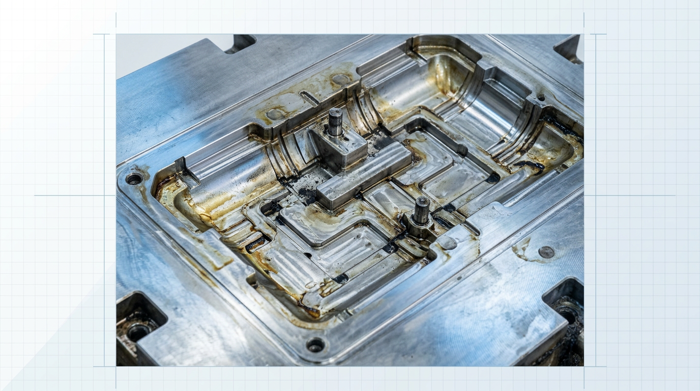 Close-up of polished steel injection mould cavity with intricate core detail, showing yellowish resin residue buildup, translucent release agent fouling, and carbon deposits across contaminated surface sections contrasting with pristine bare metal.