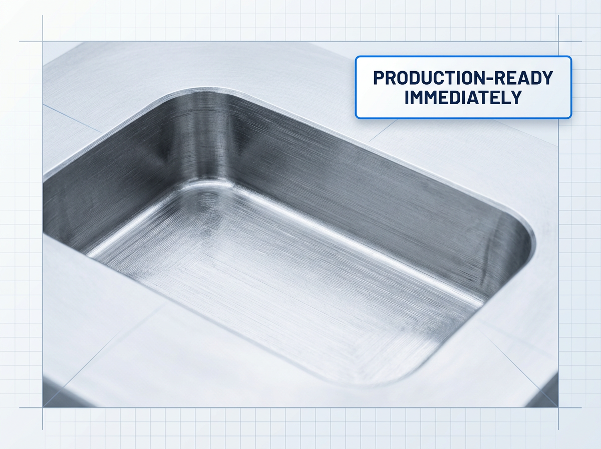 Pristine injection mould cavity surface after laser cleaning, showing bare metal with no residue or liquid, with a white badge labeled 'Production-Ready Immediately' in the upper-right corner.
