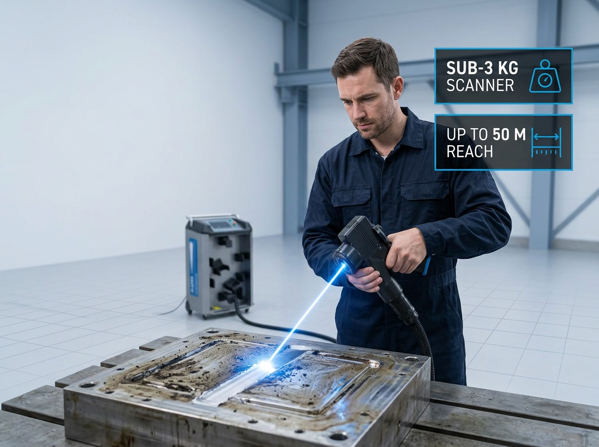 Engineer in dark coveralls operating ELASER handheld scanner on mould surface in bright industrial workshop, with wheeled ELASER unit visible in background and electric blue laser beam at contact point.