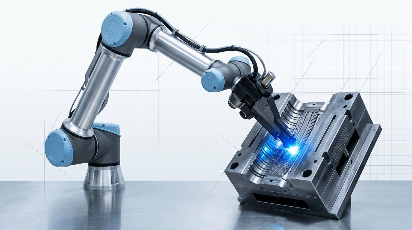 Articulated robotic arm with laser cleaning head positioned over complex injection mould cavity, arm extending diagonally into recessed tread geometry and vent channels with electric blue laser glow at contact point