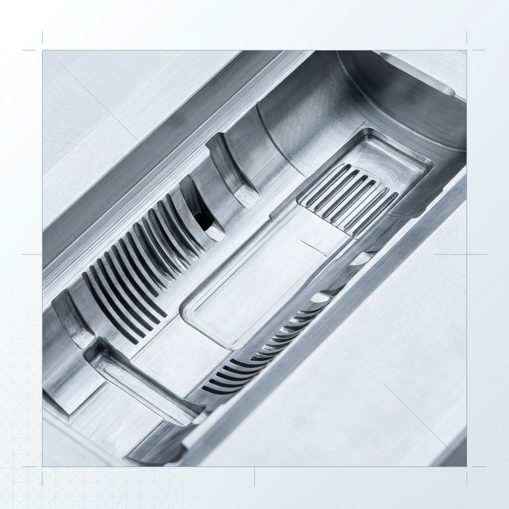 Extreme close-up of a precision injection mould cavity surface, completely clean and dry after laser cleaning with sharp detail in fine grooves and vents, no residue or contamination visible.