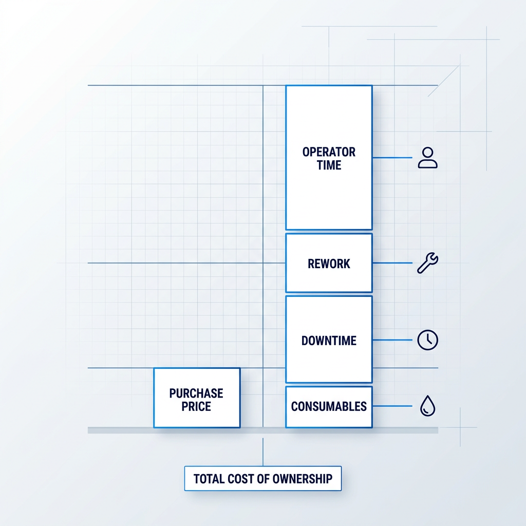 Cost-breakdown bar chart comparing purchase price versus lifetime running costs split into four segments: consumables, downtime, rework, and operator time, with the running costs bar significantly taller than the purchase price bar.