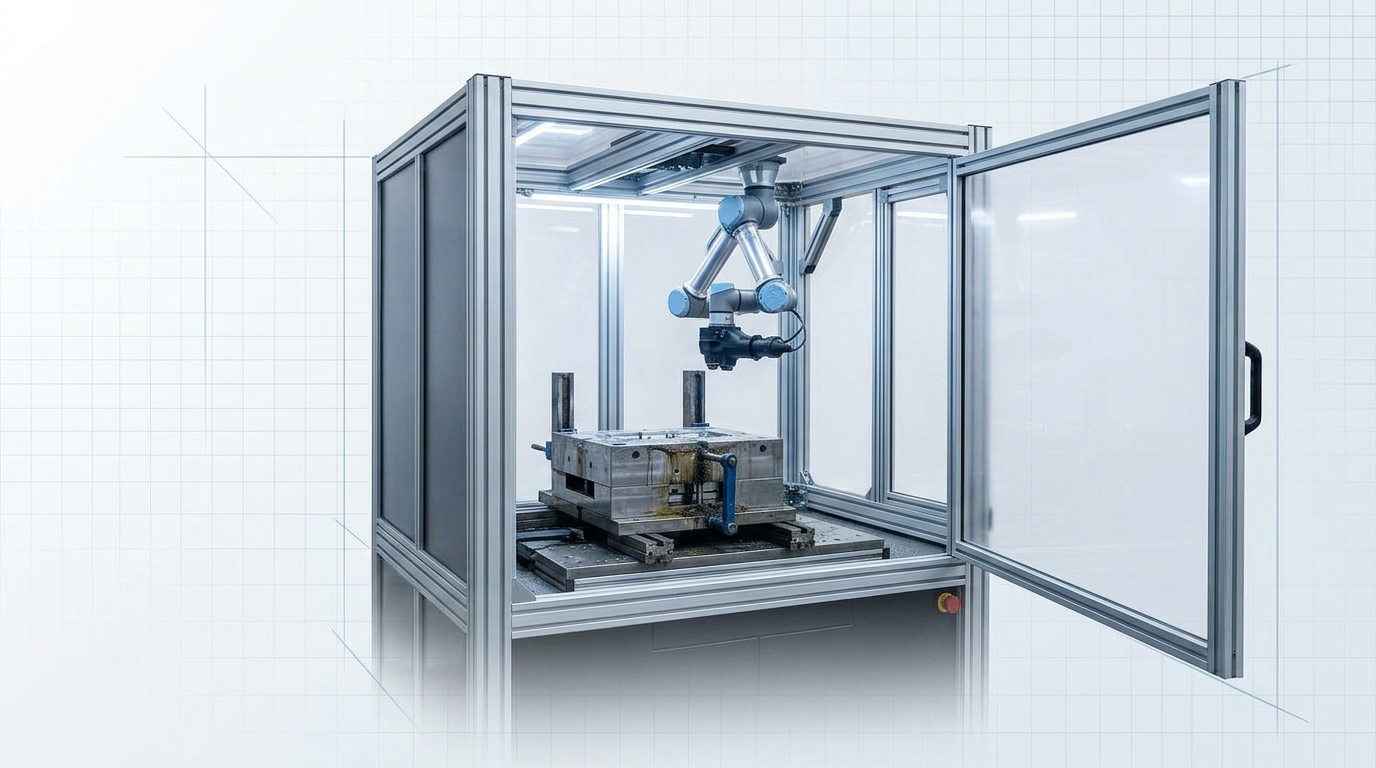AutoLASE enclosure with partially open door revealing a precision injection mould component positioned on the work platform, robotic arm visible above inside the chamber.