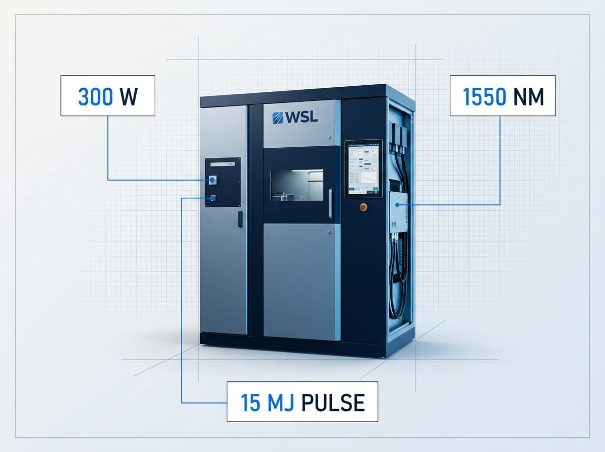 AutoLASE laser source control cabinet on industrial workspace background with three specification badges: 300 W power output, 1550 nm wavelength, and 15 mJ pulse energy, connected by blue lines to the cabinet.
