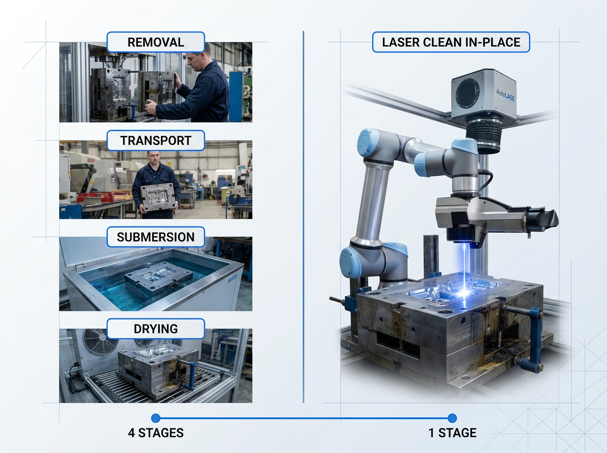 Split-panel comparison of mould cleaning methods: left panel shows four sequential stages of ultrasonic cleaning (removal, transport, submersion, drying) with technicians in dark coveralls; right panel shows single-stage laser cleaning with AutoLASE machine and debris extraction unit. Industrial machine for cleaning moulds.