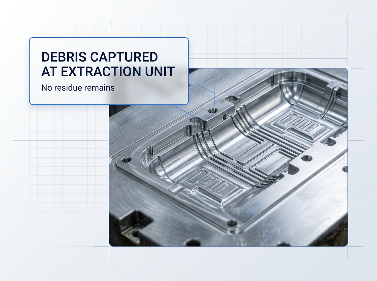Close-up of pristine injection mould cavity showing fine vent channels and sharp geometric detail, completely free of debris and residue, with metallic grey steel surface and reflective machining texture under clinical directional lighting.
