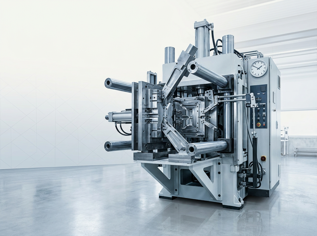 Industrial hydraulic injection press mid-cycle with clean mould tooling engaged, positioned in bright manufacturing facility with visible time indicator on control panel.