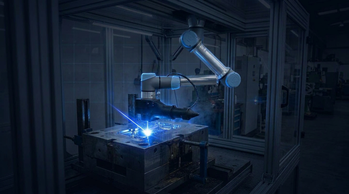 Industrial laser cleaning system in action: articulated robotic arm directs vivid electric blue laser beam across complex metallic mould surface with intricate cavity geometry, illuminated against deep shadow in automated manufacturing cell.